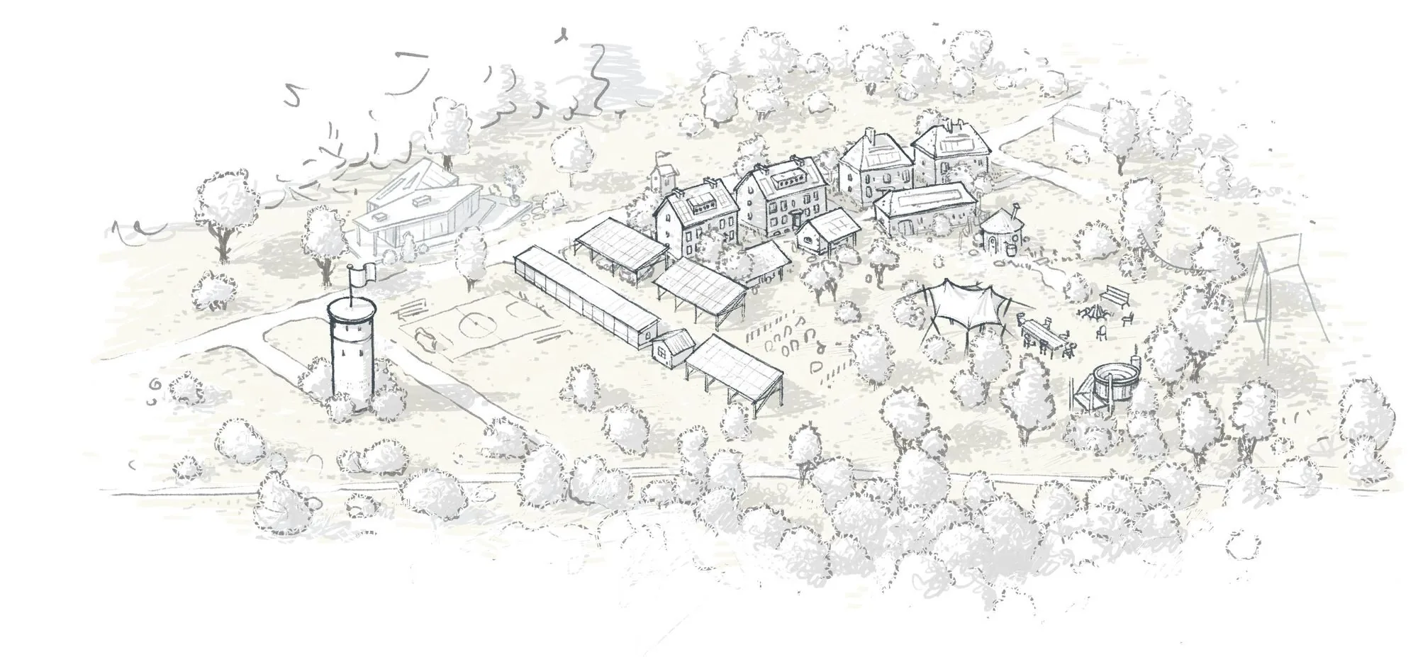 Illustrative Vogelperspektive der Wasserturmsiedlung mit Wohnh&auml;usern, Wasserturm, Nebengeb&auml;uden, Gr&uuml;nfl&auml;chen und Gemeinschaftsbereichen.